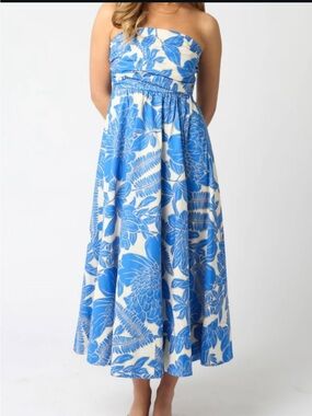 Blue & White Strapless Floral Maxi Dress